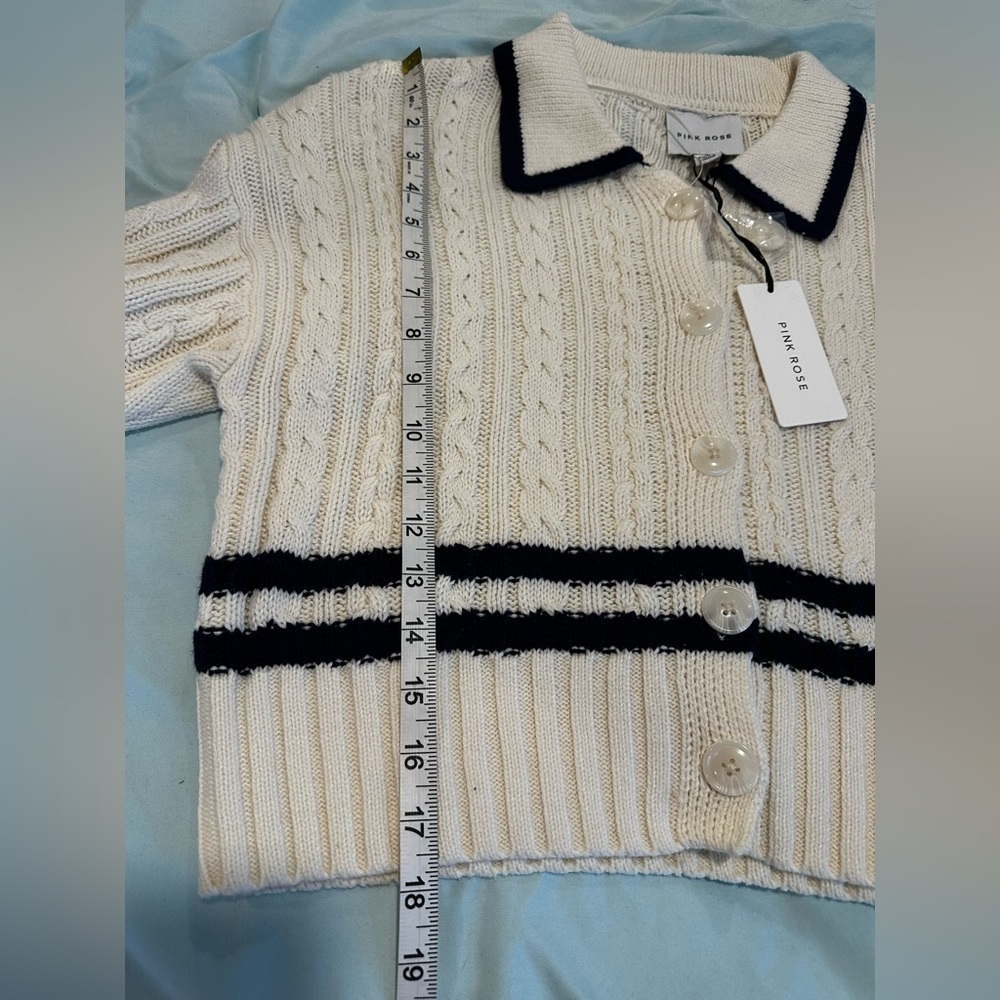 NWT Pink Rose Preppy Cream & Navy  Cable Knit Collared Cardigan. Ribbed Hem. S - Picture 3 of 16
